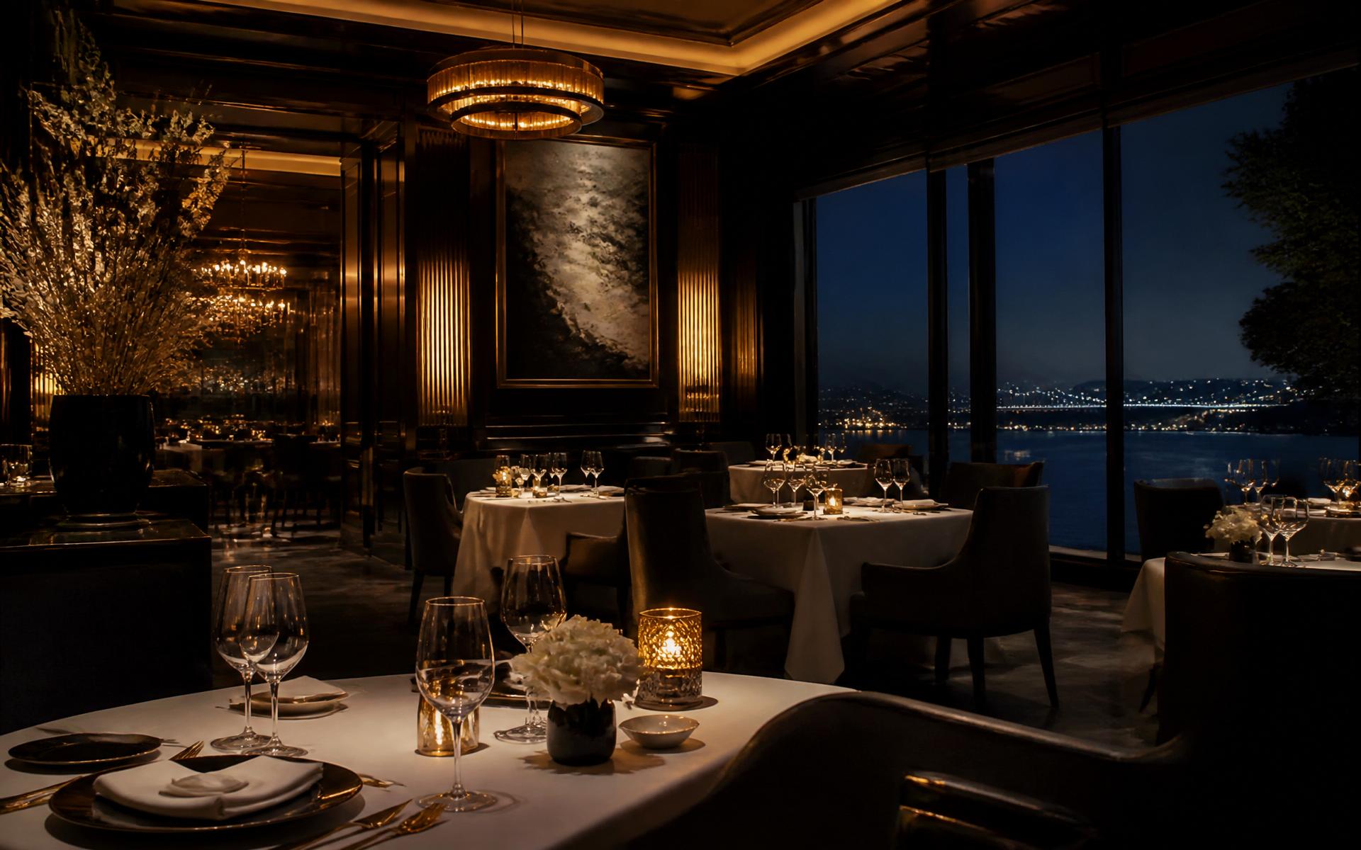 The Riverside Table dining room at dusk overlooking the water